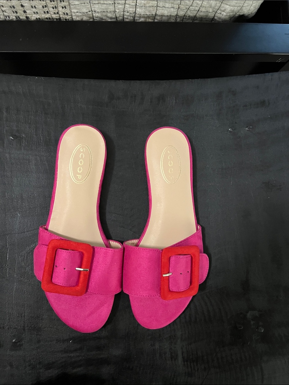 Scoop Bright Pink Suede Slide Mules with Red Buckle Detail